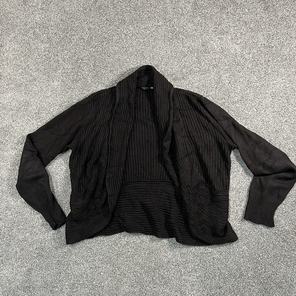 H&M Womens L Black Open Front Cardigan Ribbed Knit Draped Long Sleeve Sweater